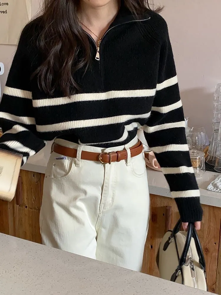 Lapel Zip Stripe Loose Long Sleeve Pullover Knit Sweater