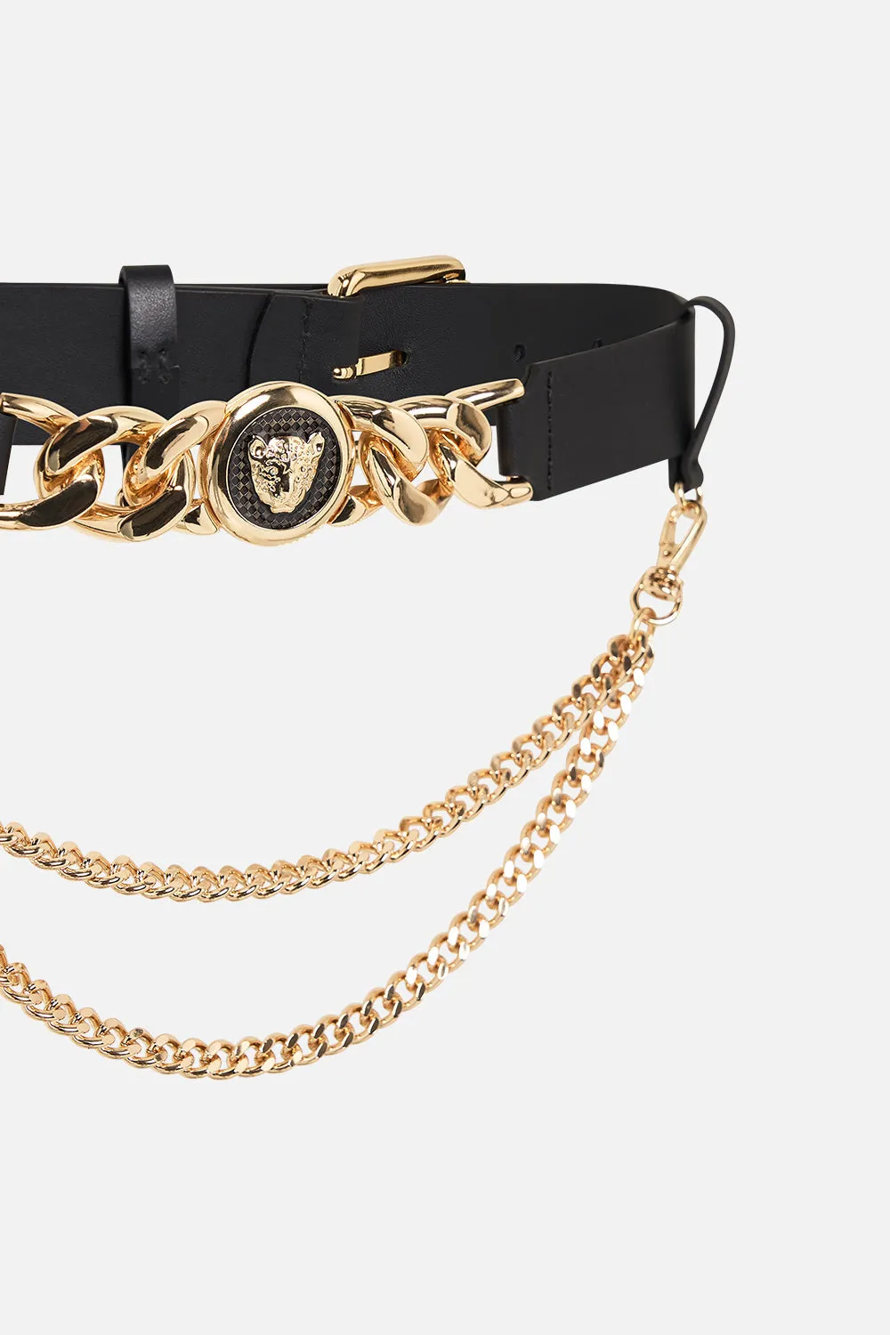 LEOPARD BUTTON BELT WITH CHAINS SOLID BLACK