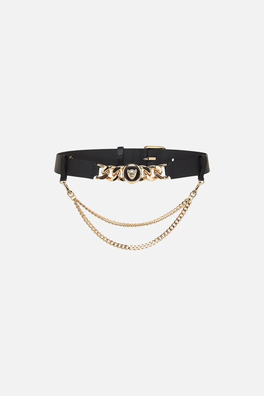 LEOPARD BUTTON BELT WITH CHAINS SOLID BLACK