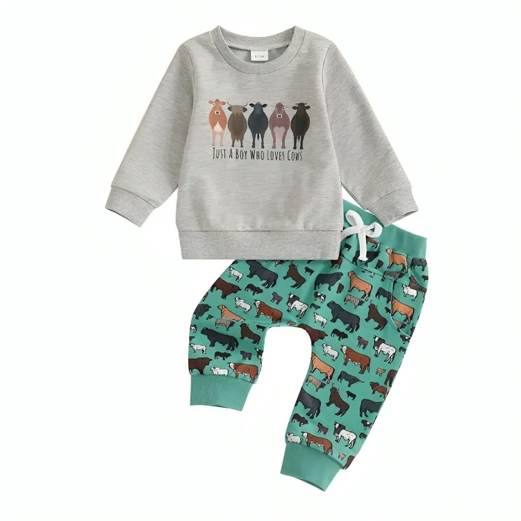 Long Sleeve Country Charm Cows Baby Set