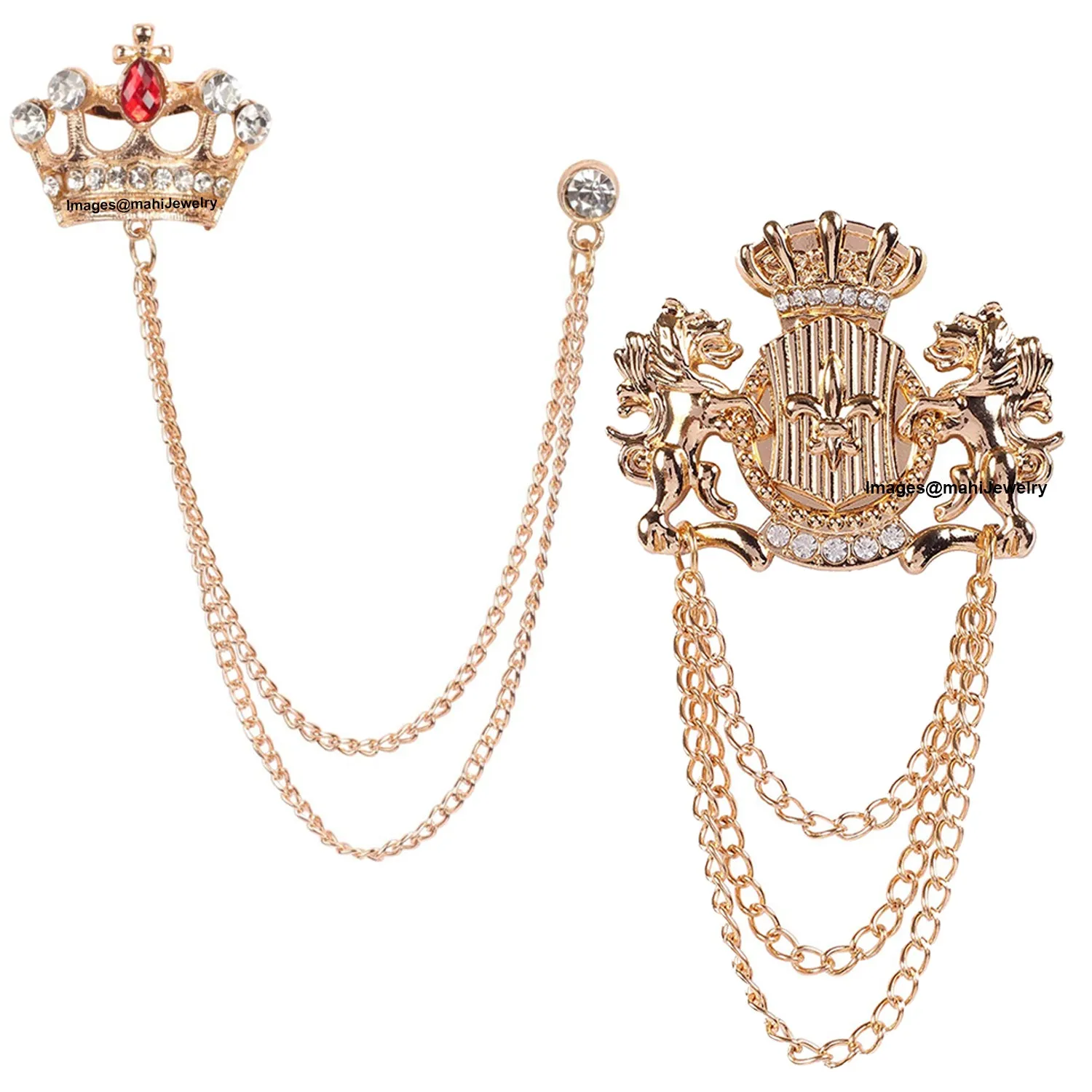 Mahi Rose Gold Plated Combo of Crown and Unicorn Chain Brooch with Crystals CO1105082Z