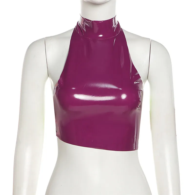 MB FASHION Sleek High-Neck Glossy Crop Top with Lace-Up Back 3164R