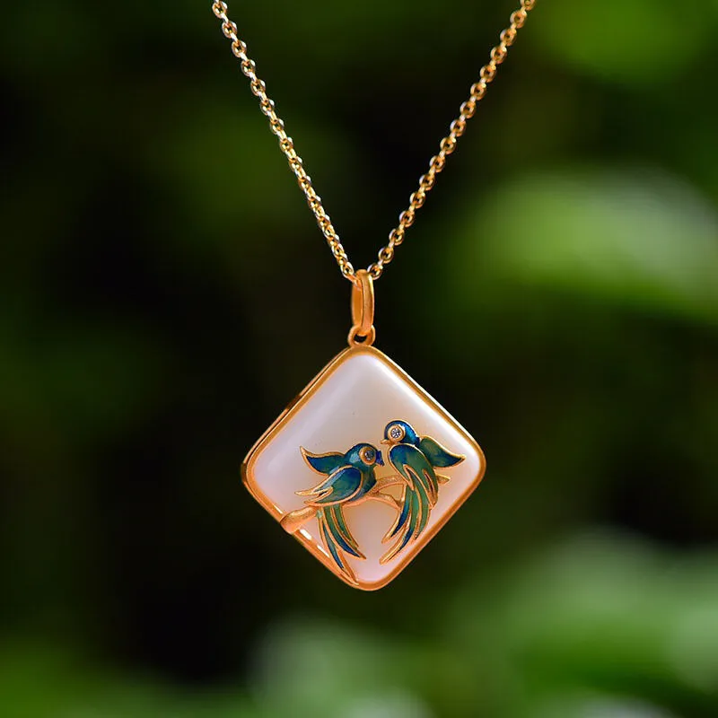 Natural Hetian jade ancient gold craft square enamel porcelain magpie necklace