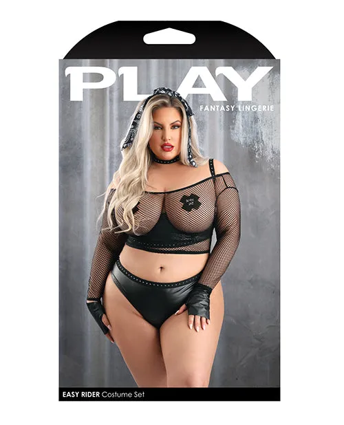 Play Easy Rider Open Cup Bra, Fishnet Top, Panty, Choker, Gloves, Bandana & Pasties Black