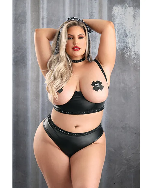 Play Easy Rider Open Cup Bra, Fishnet Top, Panty, Choker, Gloves, Bandana & Pasties Black