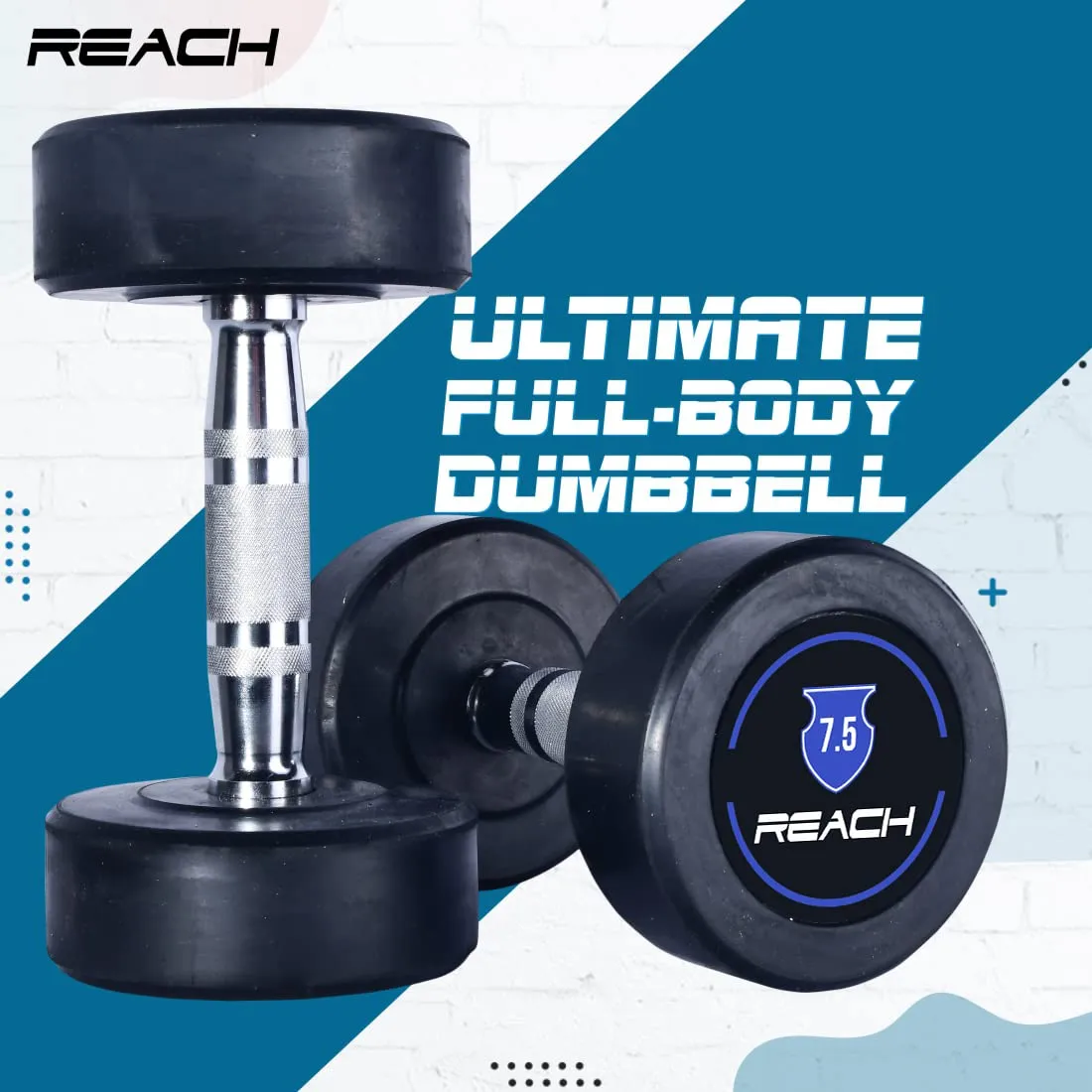 Reach Round Rubber Dumbbells 7.5 Kg Set of 2 for Men & Women | Gym Equipment Set for Home Gym Workout & Exercise | For Strength Training & Fitness Accessories & Tools