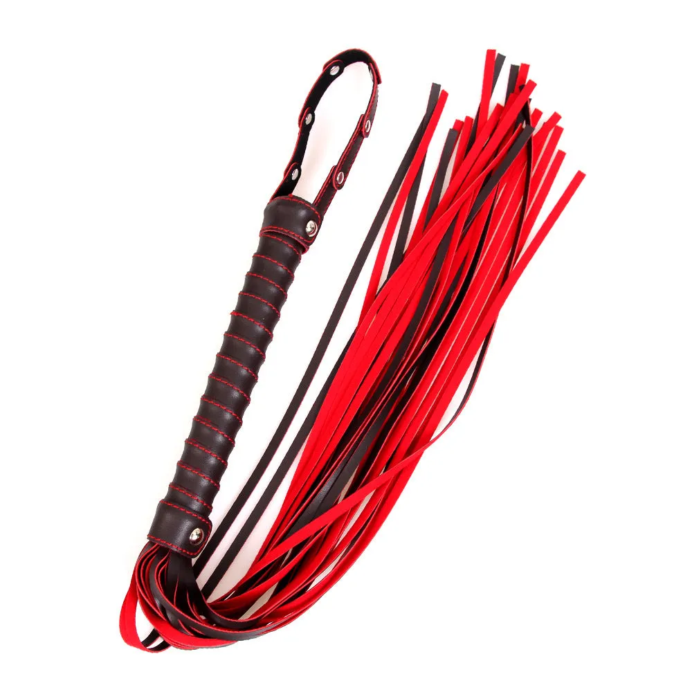 Red and Black Leatherette Flogger with Rivet Detail on the Hand Loop