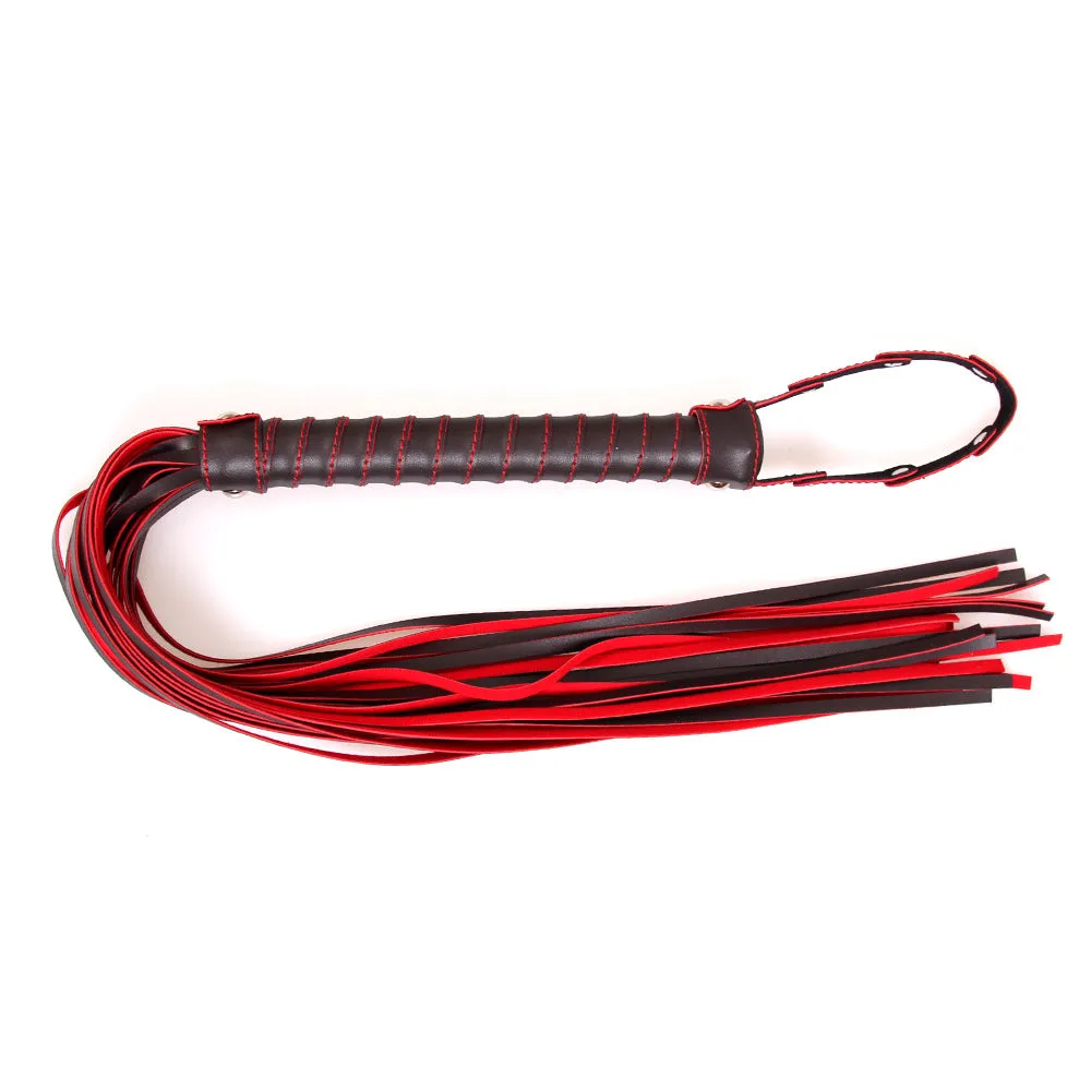 Red and Black Leatherette Flogger with Rivet Detail on the Hand Loop