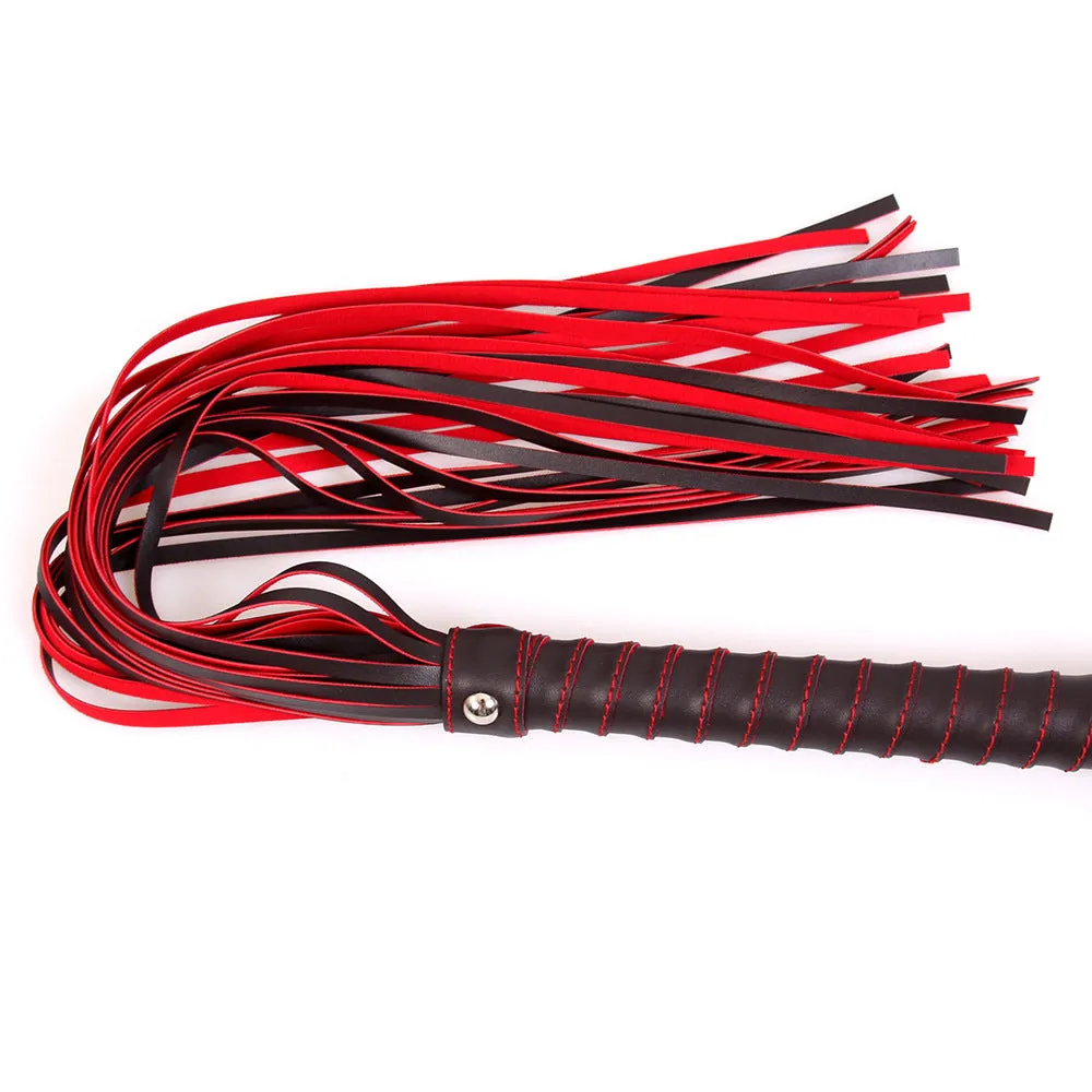 Red and Black Leatherette Flogger with Rivet Detail on the Hand Loop