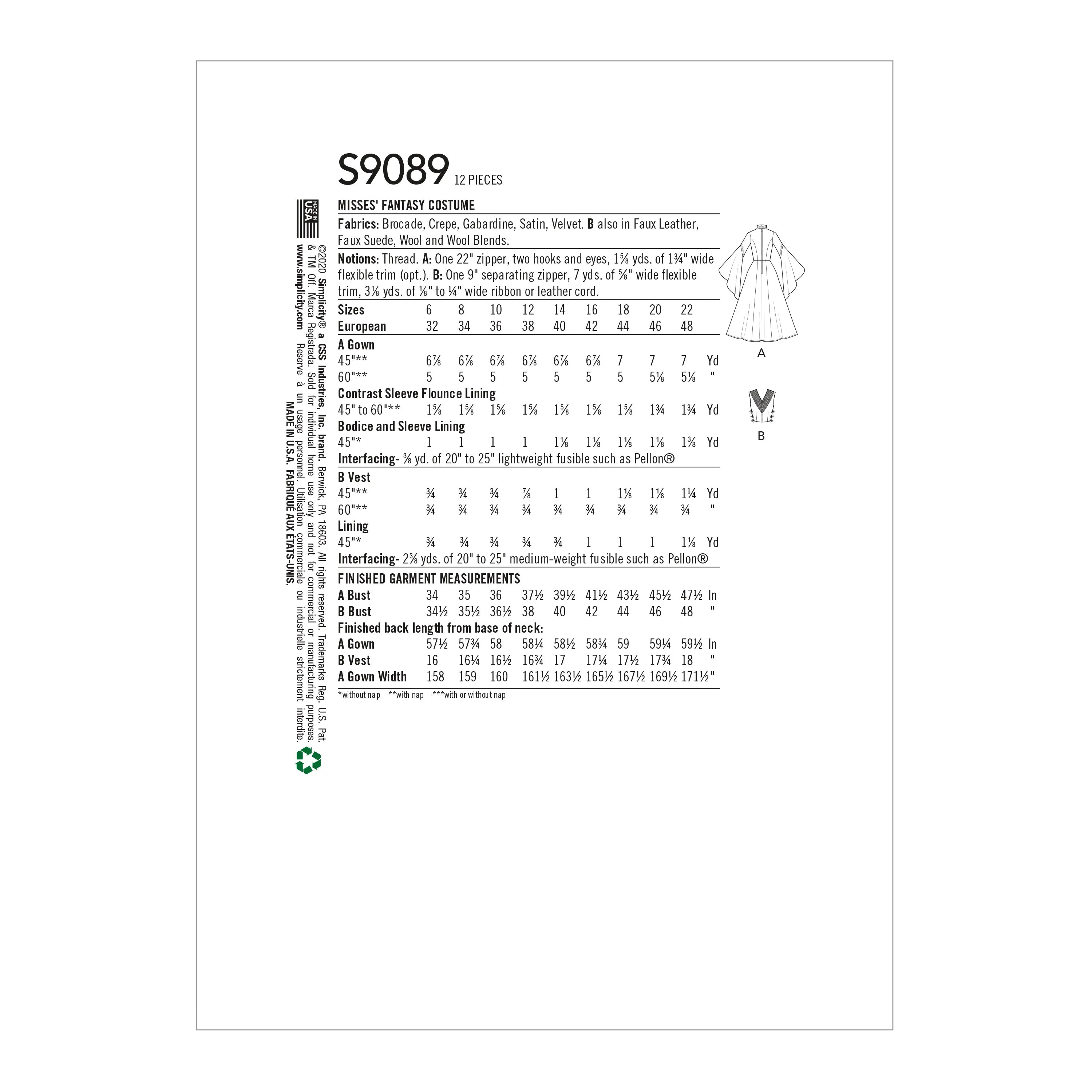 Simplicity Pattern 9089 Misses' Fantasy Costume