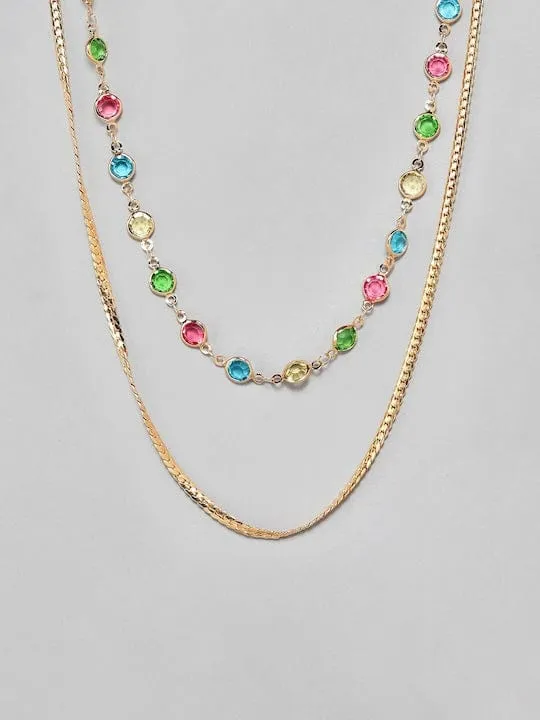 TOKYO TALKIES X Rubans 18K Gold Plated Multicolour Crystal & Snake Chain Double Layer Necklace