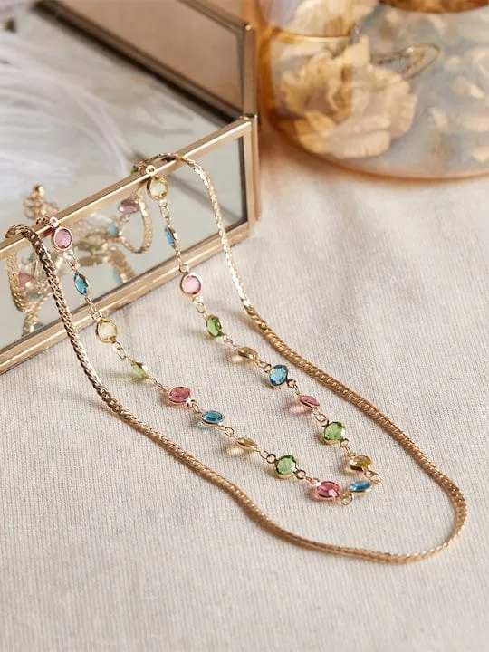 TOKYO TALKIES X Rubans 18K Gold Plated Multicolour Crystal & Snake Chain Double Layer Necklace
