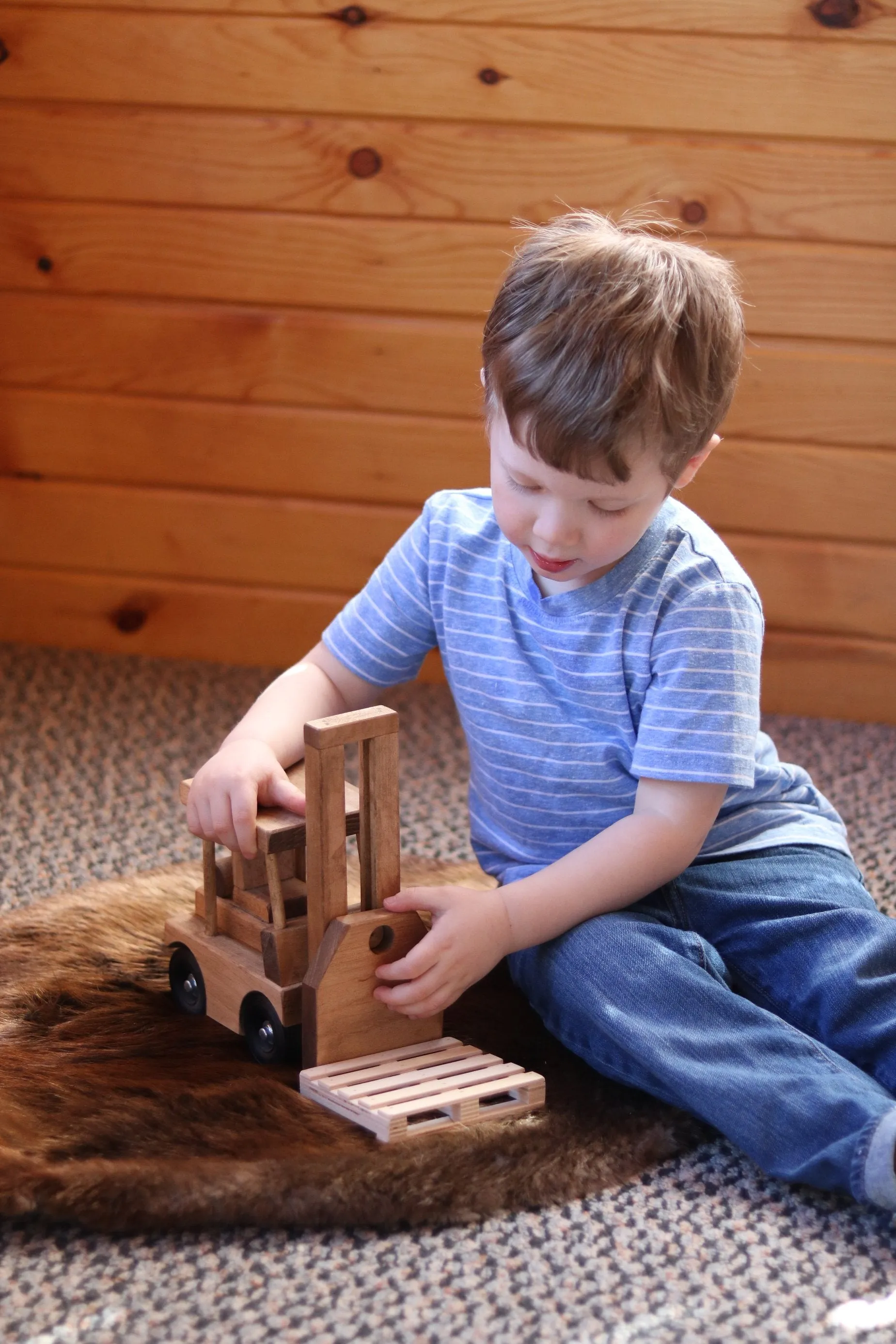 Wooden Forklift Toy With Pallet, Child-Safe Finish, Amish-Made